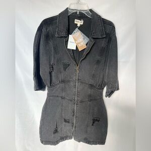Forever 21 Malibu Bum Black Wash Denim Distressed Zip Mini Dress NWT Size L